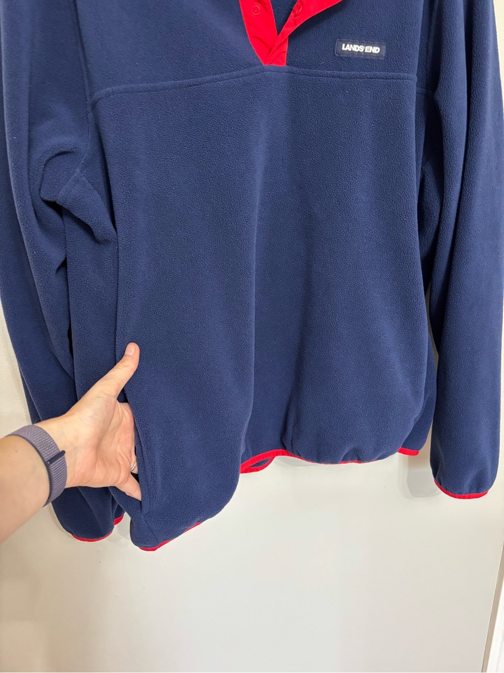 Lands End Men’s T-Snap Fleece Pullover in Navy Blue with Red Trim - Size L - Picture 5 of 8